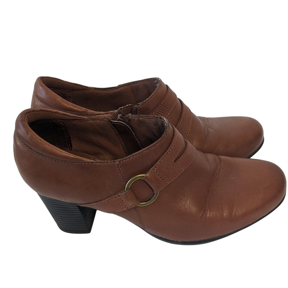 Clarks Bendables Side Zip Block Heeled Brown Leather Women's Booties Sz 8